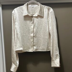 Cream Silky Cropped Button-Up Shirt with Gems
